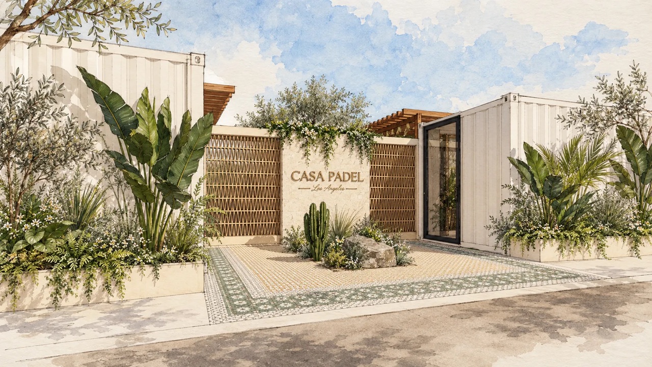 The Casa Padel entrance, in watercolor: cream walls, timber lattice screens, a stone wall carrying the club sign, a cactus and a patterned tile forecourt
